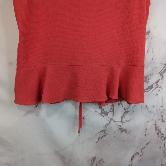 Wayf Shirt Womens Large Pink Salmon Coral Peplum Flutter Tie V Neck Crepe Blouse - Picture 7 of 11